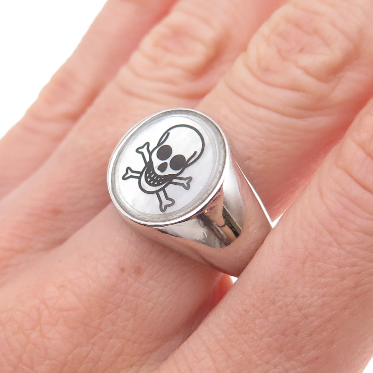 Dasan 925 Sterling Silver Vintage Real MOP Skull Crossbones Ring Size 10.5