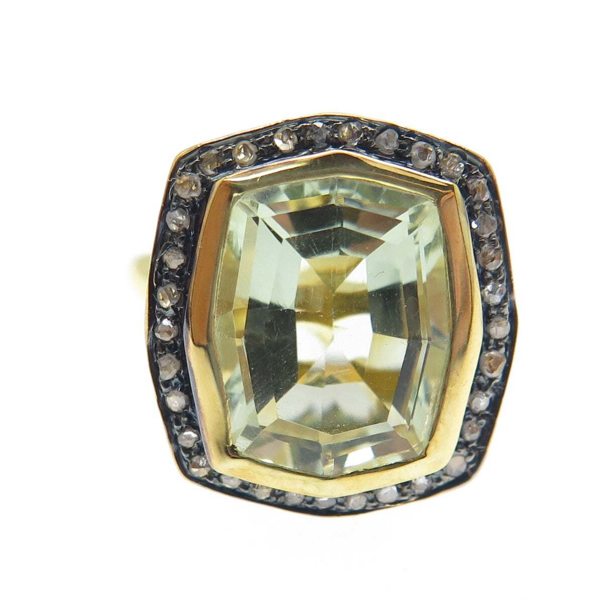925 Sterling Silver Gold Plated Real Diamond & Green Amethyst Ring Size 6.75