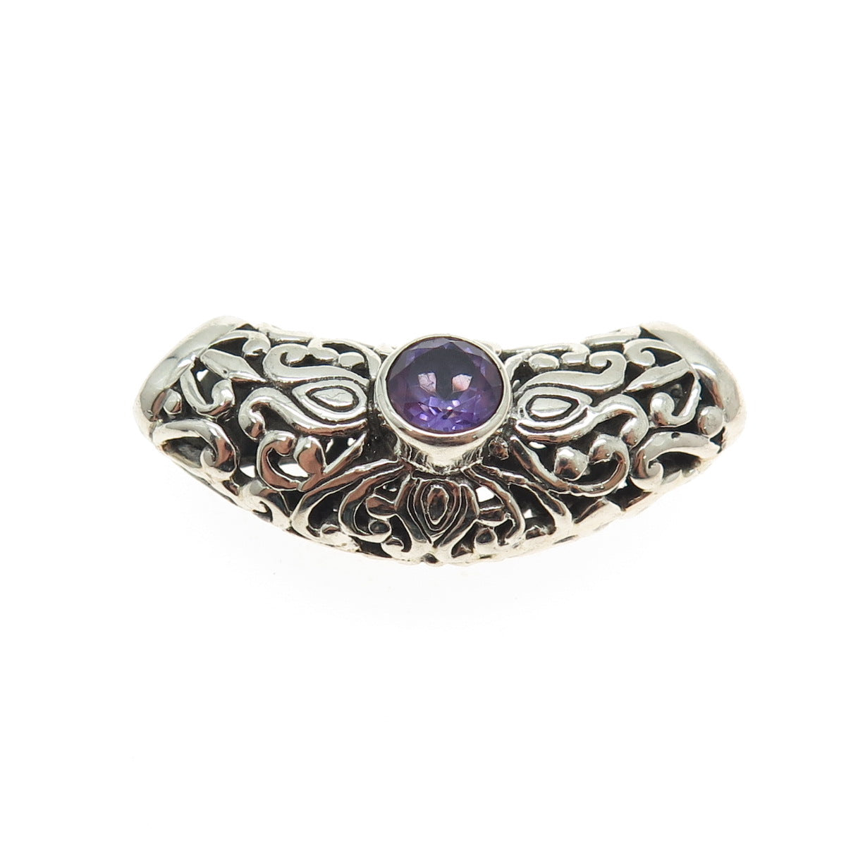 925 Sterling Silver Vintage Real Round-Cut Amethyst Floral Scroll Slide Pendant