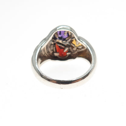 925 Sterling Silver Vintage Real Amethyst Citrine Red Garnet Heart Ring Size 6.5