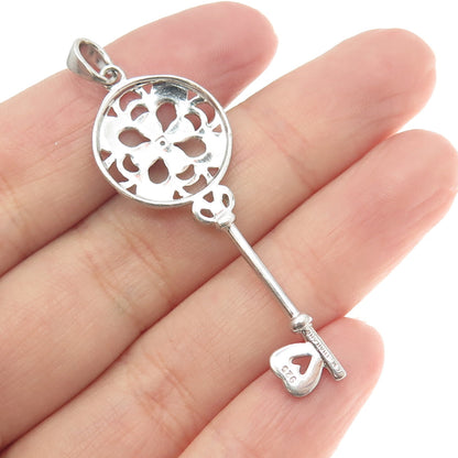 925 Sterling Silver Real White Diamond Ornate Key Pendant