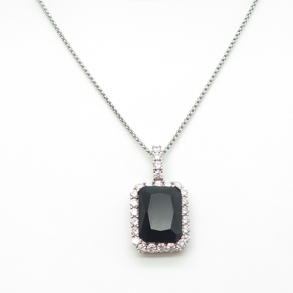 925 Sterling Silver Black Spinel & C Z Round Box Chain Necklace 16"