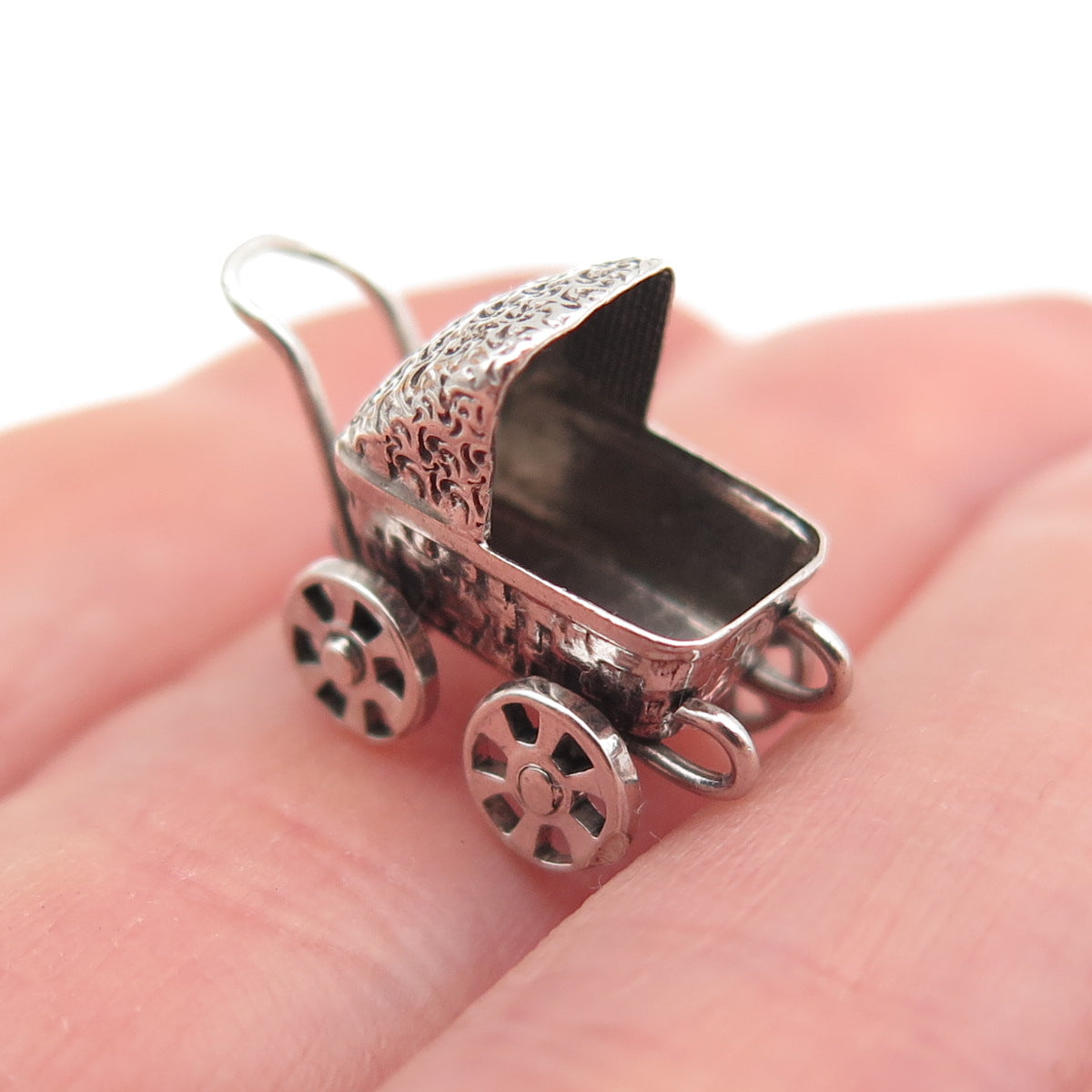 925 Sterling Silver Vintage Baby Stroller Oxidized 3D Mini Charm Pendant