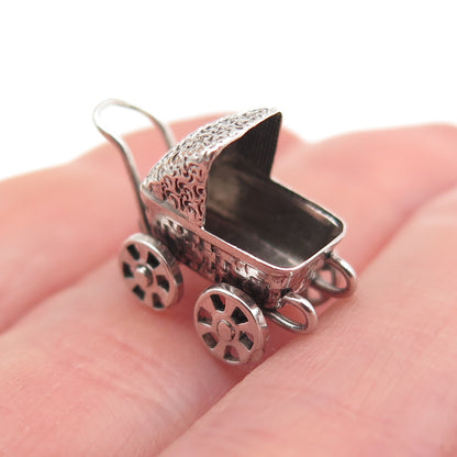 925 Sterling Silver Vintage Baby Stroller Oxidized 3D Mini Charm Pendant