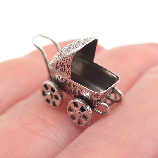 925 Sterling Silver Vintage Baby Stroller Oxidized 3D Mini Charm Pendant