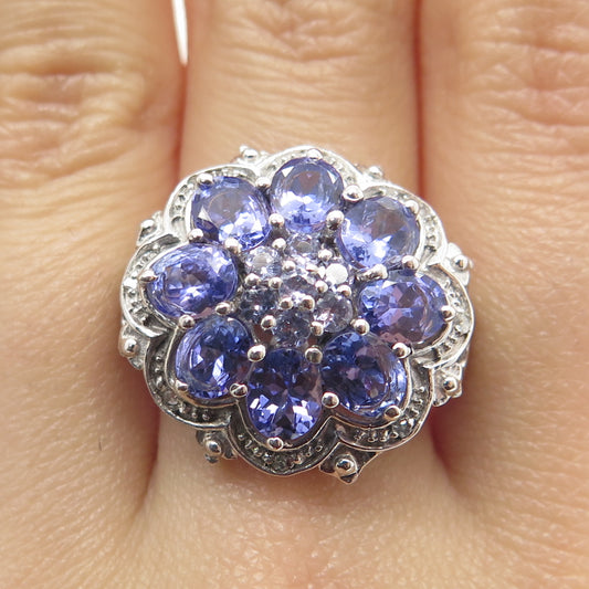 925 Sterling Silver Real White Diamond & Tanzanite Gemstone Ring Size 7