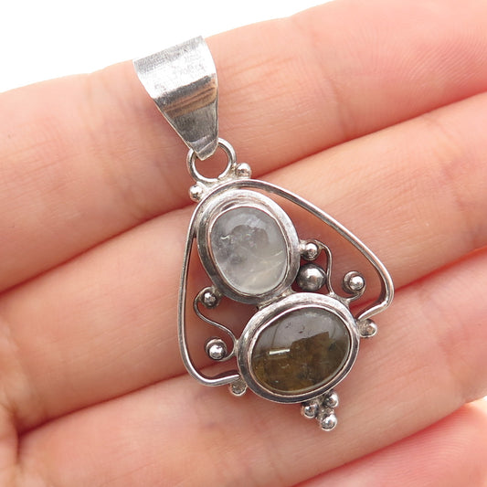 925 Sterling Silver Vintage Real Moonstone & Labradorite Beaded Charm Pendant