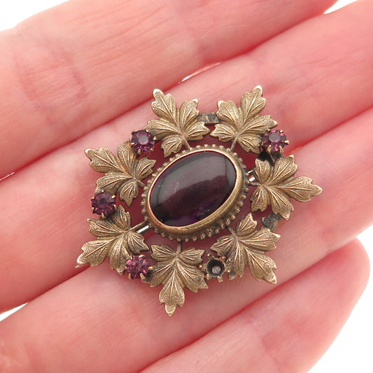 Gold Filled Antique Real Amethyst & Rhinestone Pin Brooch (missing 1 rhinestone)