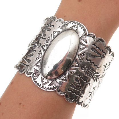 Old Pawn 925 Sterling Vintage Southwestern Heavy 63.7g Wide Cuff Bracelet 7.25"