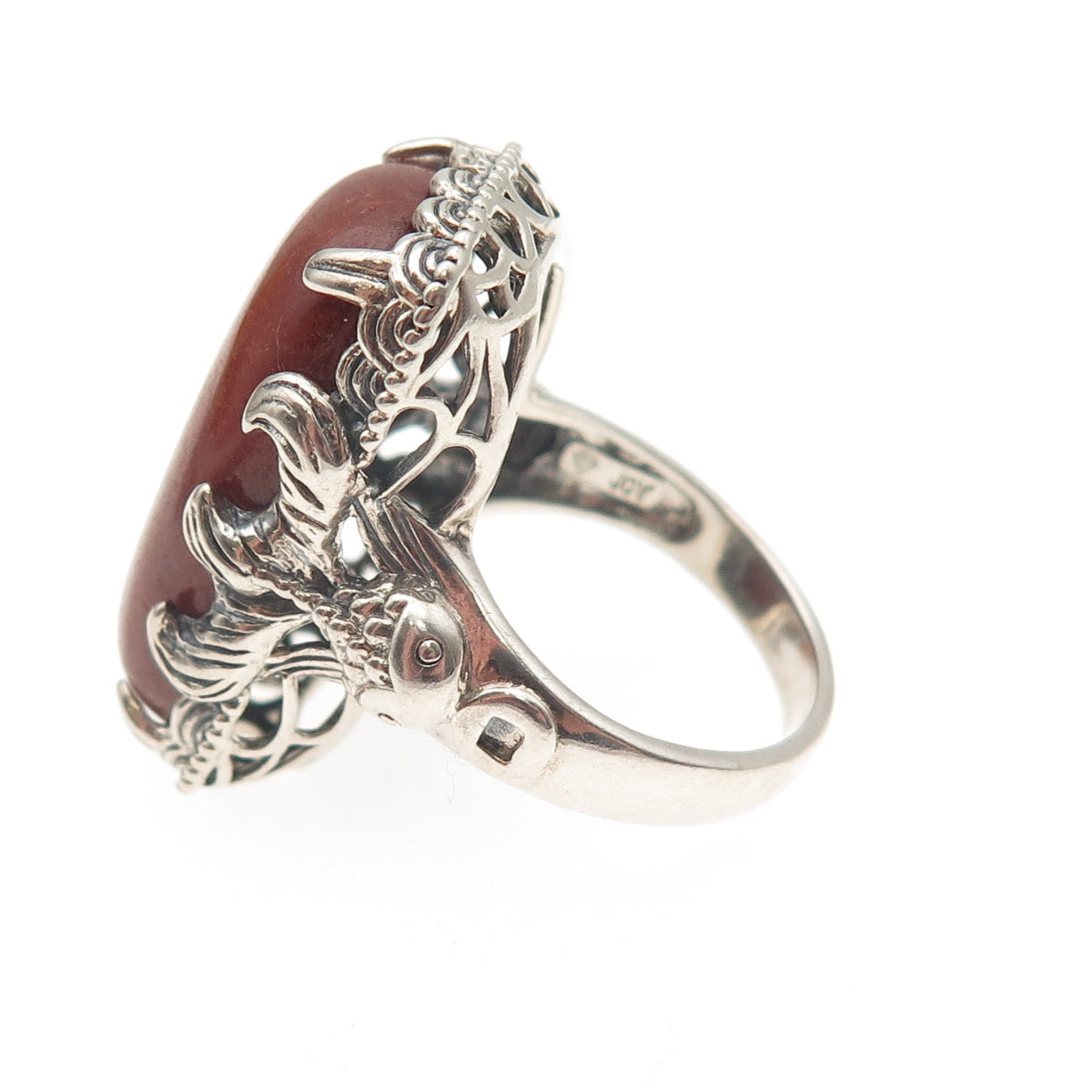 JOY 925 Sterling Silver Vintage Real Red Aventurine Fish Oxidized Ring Size 8.25
