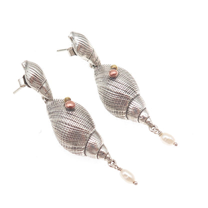 925 Sterling Silver 3-Tone Vintage Real Pearl Seashell Oxidized Dangle Earrings