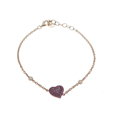 925 Sterling Rose Gold Plated Italy Lab-Created Ruby & C Z Heart Bracelet 7-8"