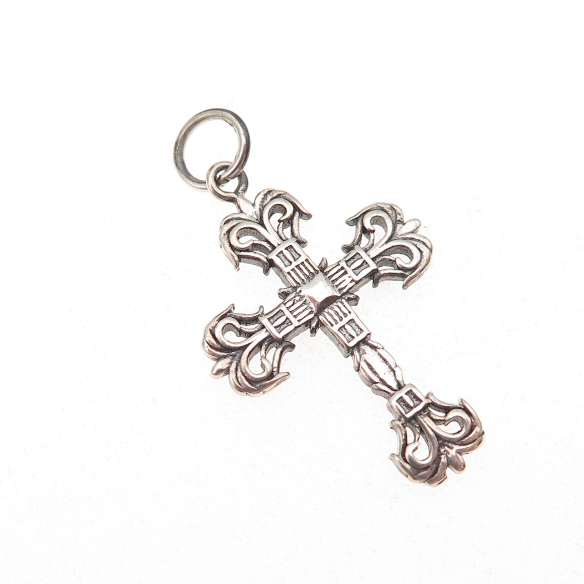 925 Sterling Silver Antique Art Deco Fleur de Lis Cross Oxidized Charm Pendant