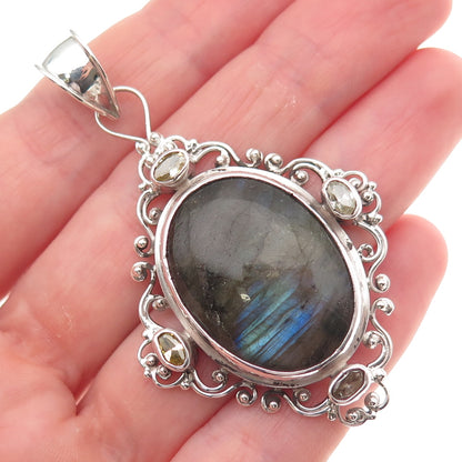 AF DESIGN 925 Sterling Silver Vintage Real Labradorite & Citrine Pendant