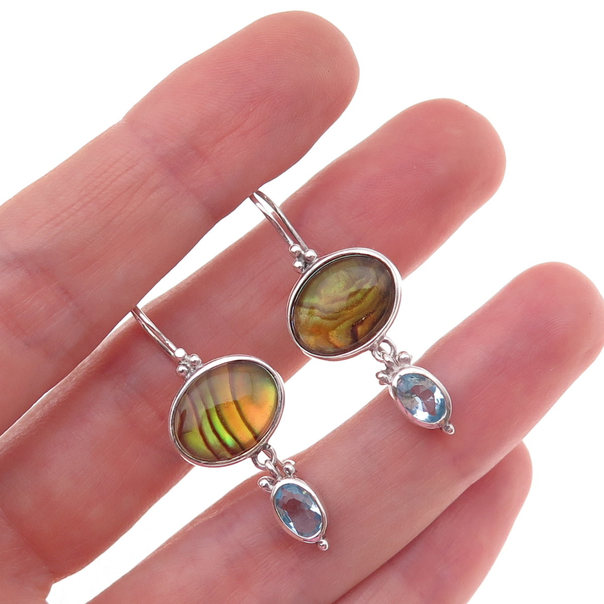 925 Sterling Silver Vintage Real Blue Topaz & Abalone Shell Dangle Earrings