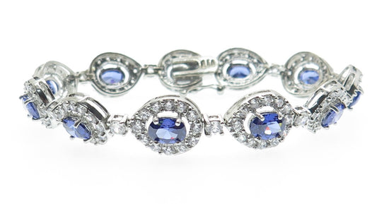 925 Sterling Silver Blue & White C Z Teardrop Link Bracelet 7.25"