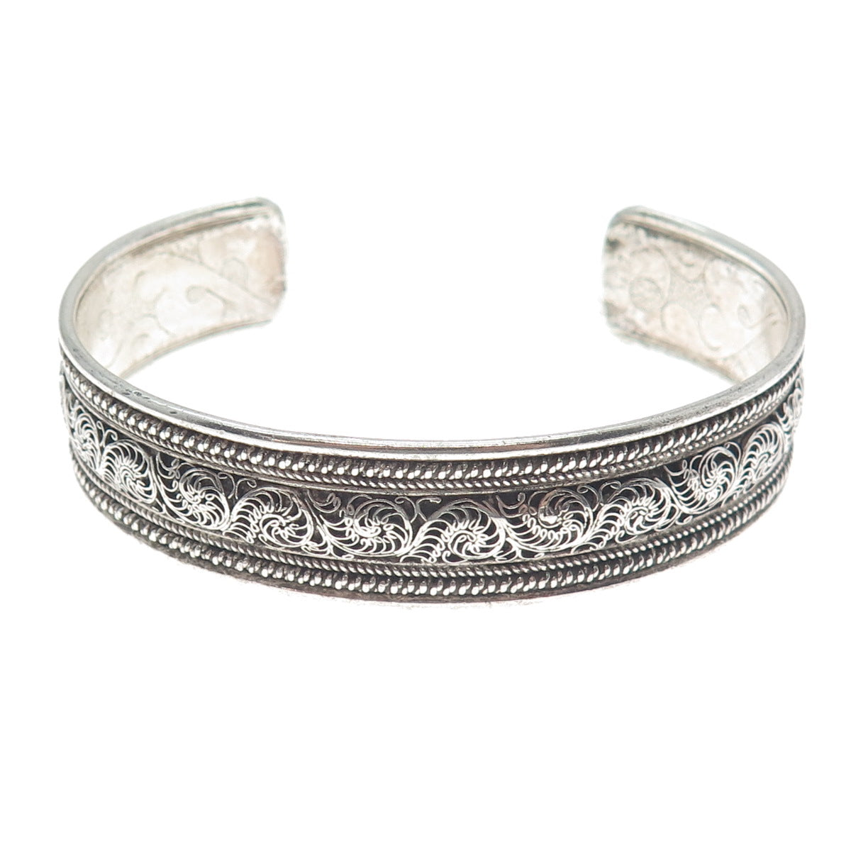 925 Sterling Silver Vintage Floral Filigree Oxidized Adjustable Bracelet 7.5"