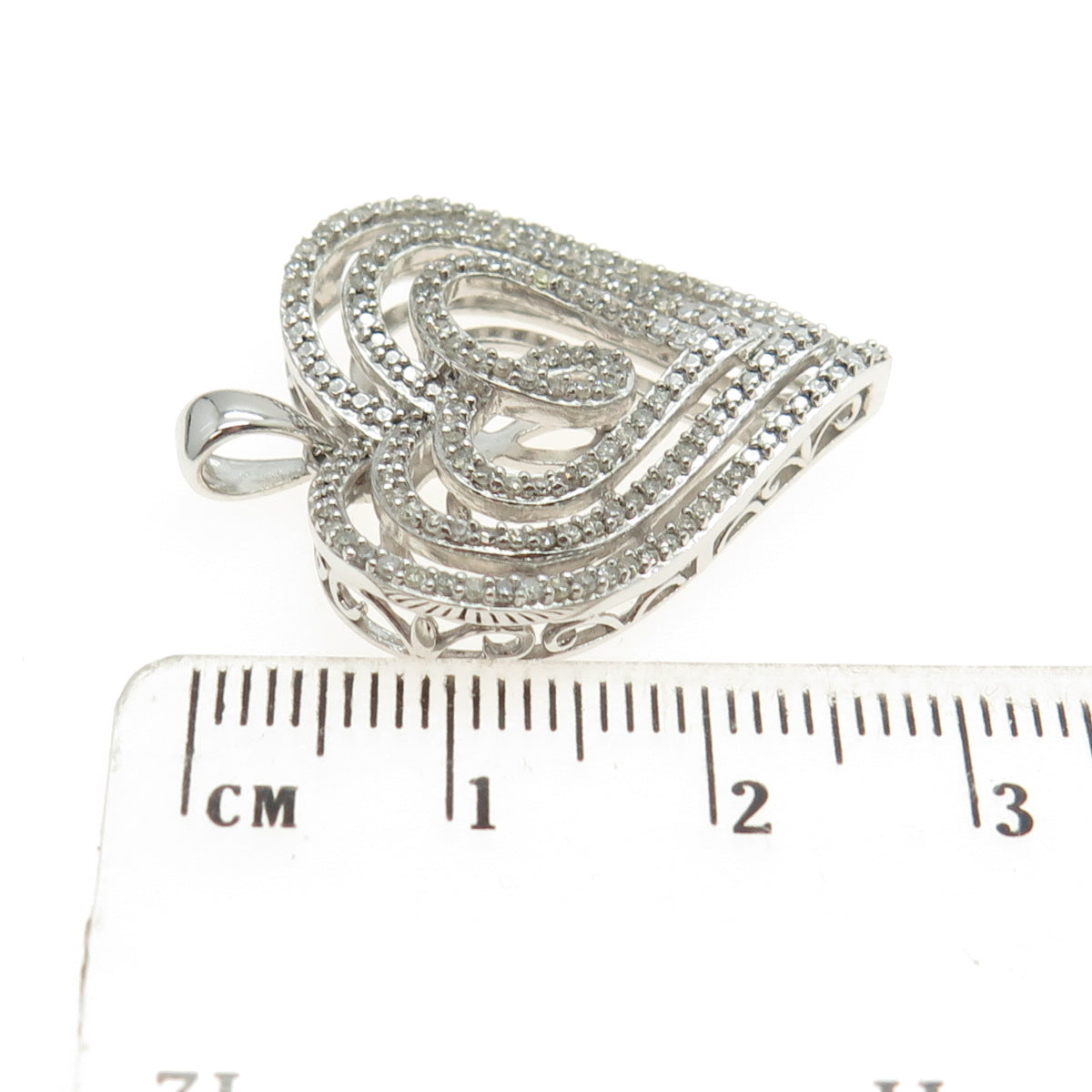 SUN 925 Sterling Silver Real Round-Cut Diamond Sparkle Heart Pendant