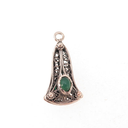 800 Silver Antique Art Deco Real Green Onyx Bell Filigree Oxidized Charm Pendant