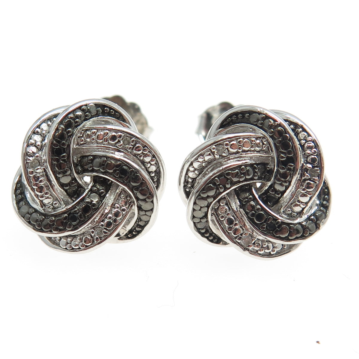 925 Sterling Silver Real Round-Cut Black & White Diamond Twisted Stud Earrings