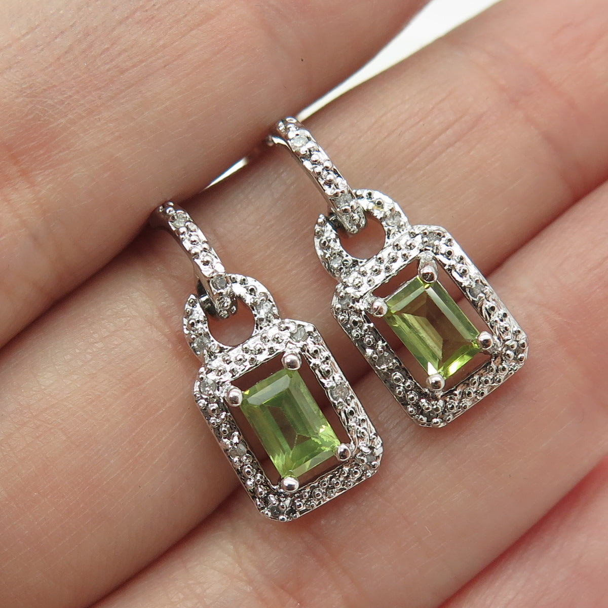 925 Sterling Silver Real Round-Cut Diamond & Emerald-Cut Peridot Dangle Earrings