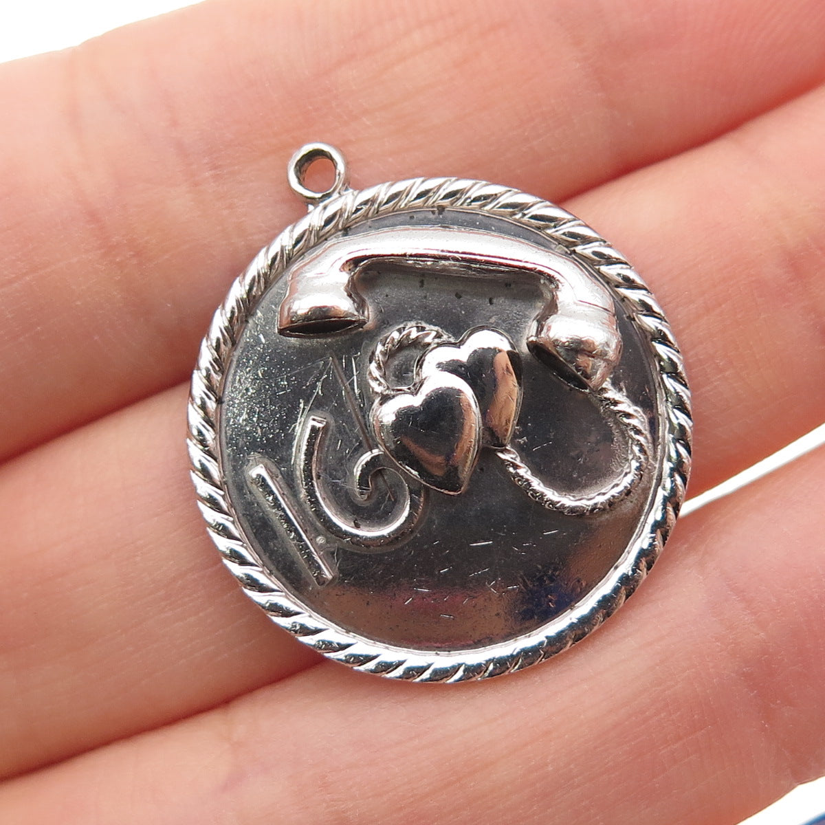 925 Sterling Silver Vintage Sweet 16 Couple Heart Retro Phone Charm Pendant