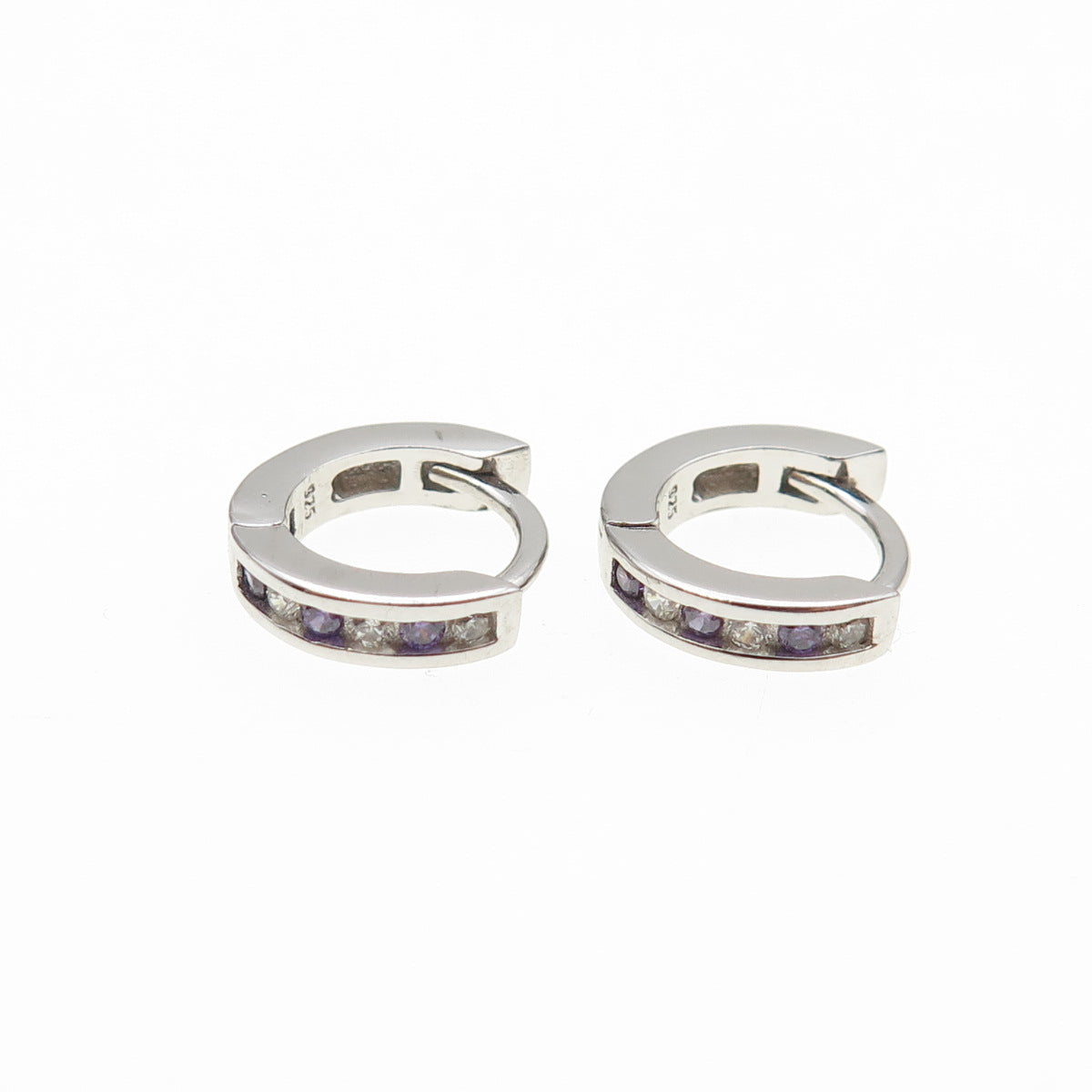 925 Sterling Silver Round-Cut Purple & White C Z Hoop Earrings