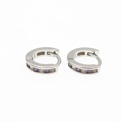 925 Sterling Silver Round-Cut Purple & White C Z Hoop Earrings