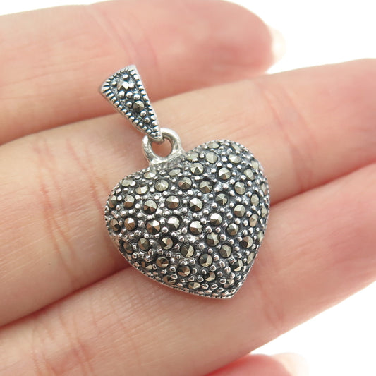 925 Sterling Silver Vintage Real Marcasite Gemstone Heart Pendant