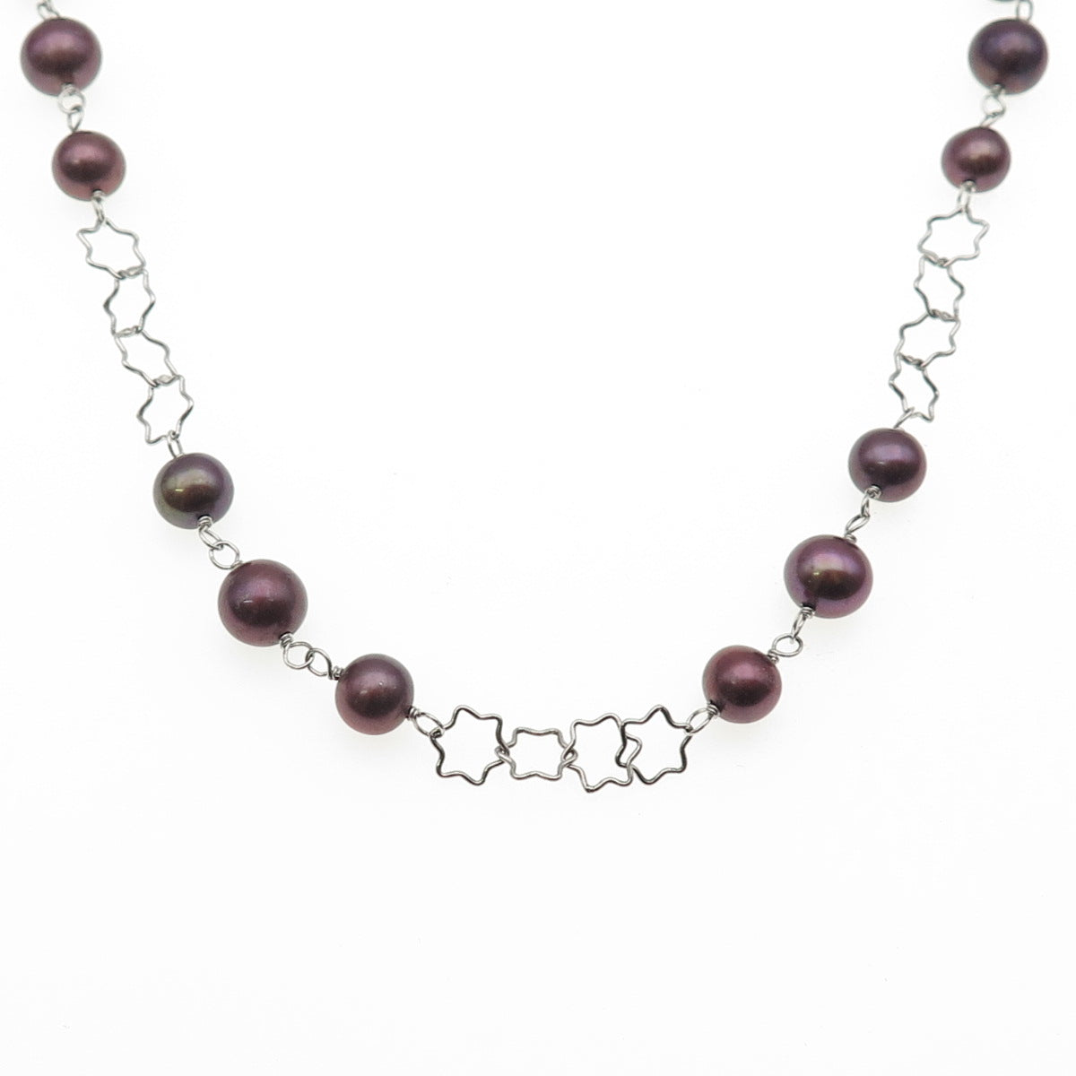 925 Sterling Silver Real Tahitian Pearl Beaded Star Chain Necklace 16-18"