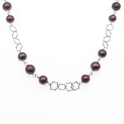 925 Sterling Silver Real Tahitian Pearl Beaded Star Chain Necklace 16-18"