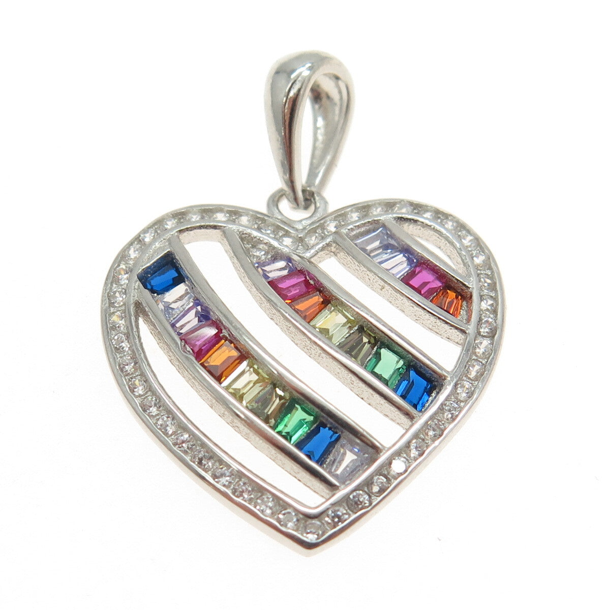 925 Sterling Silver Tapered Baguette & Round-Cut Multi-Color C Z Heart Pendant