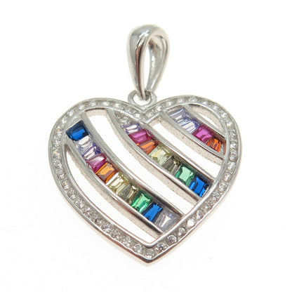 925 Sterling Silver Tapered Baguette & Round-Cut Multi-Color C Z Heart Pendant