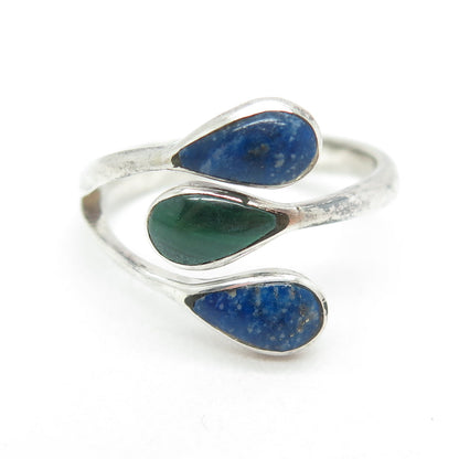 925 Sterling Silver Vintage Real Lapis & Malachite Adjustable Ring Size 8