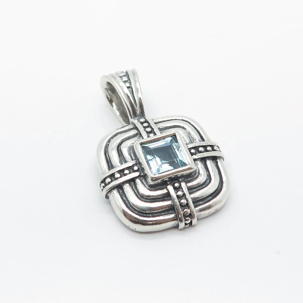 925 Sterling Silver Vintage Real Blue Topaz Gem Beaded Square Pendant