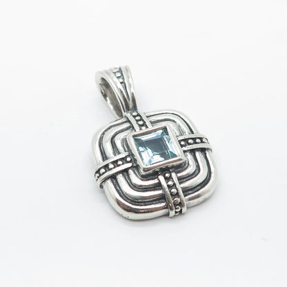 925 Sterling Silver Vintage Real Blue Topaz Gem Beaded Square Pendant