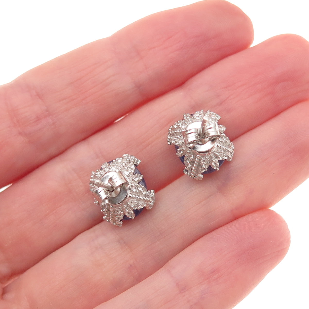 Chuck Clemency 925 Sterling Silver Real Tanzanite & Topaz Floral Stud Earrings