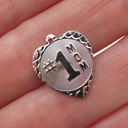 Jeanor 925 Sterling Silver Vintage Number 1 Mom Heart Mini Charm Pendant
