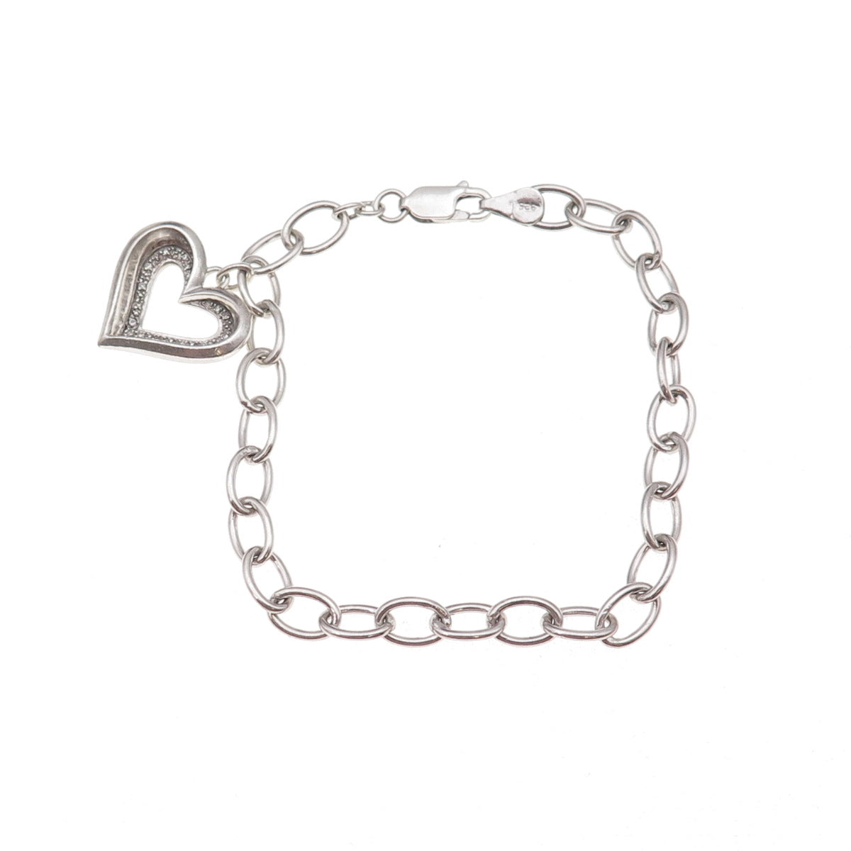 925 Sterling Silver Vintage Dangle Heart Oxidized Oval-Link Bracelet 7"
