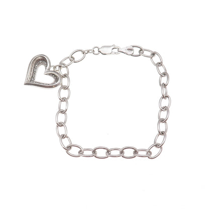 925 Sterling Silver Vintage Dangle Heart Oxidized Oval-Link Bracelet 7"