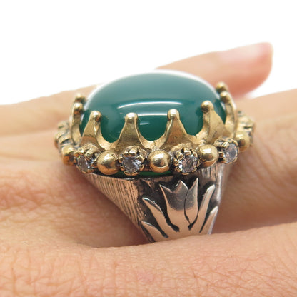 925 Sterling Silver 2-Tone Vintage Real Green Onyx & C Z Tulip Ring Size 8