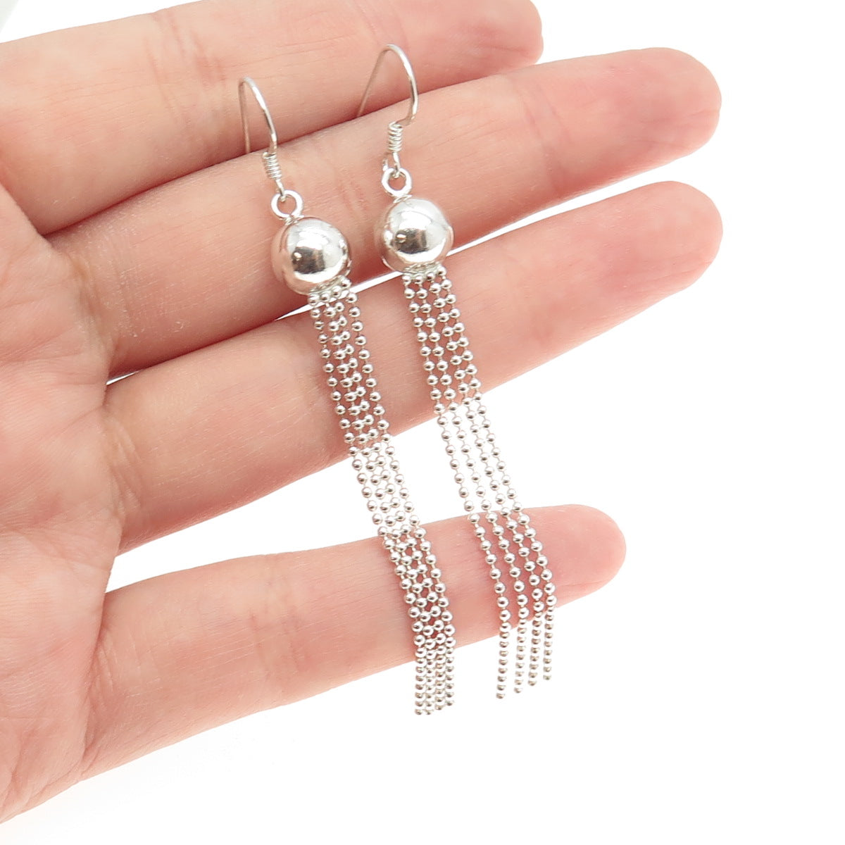 925 Sterling Silver Tassel Ball Beaded Link Chain Dangling Earrings