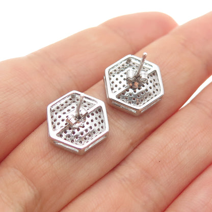 925 Sterling Silver Round-Cut C Z Hexagon Stud Earrings