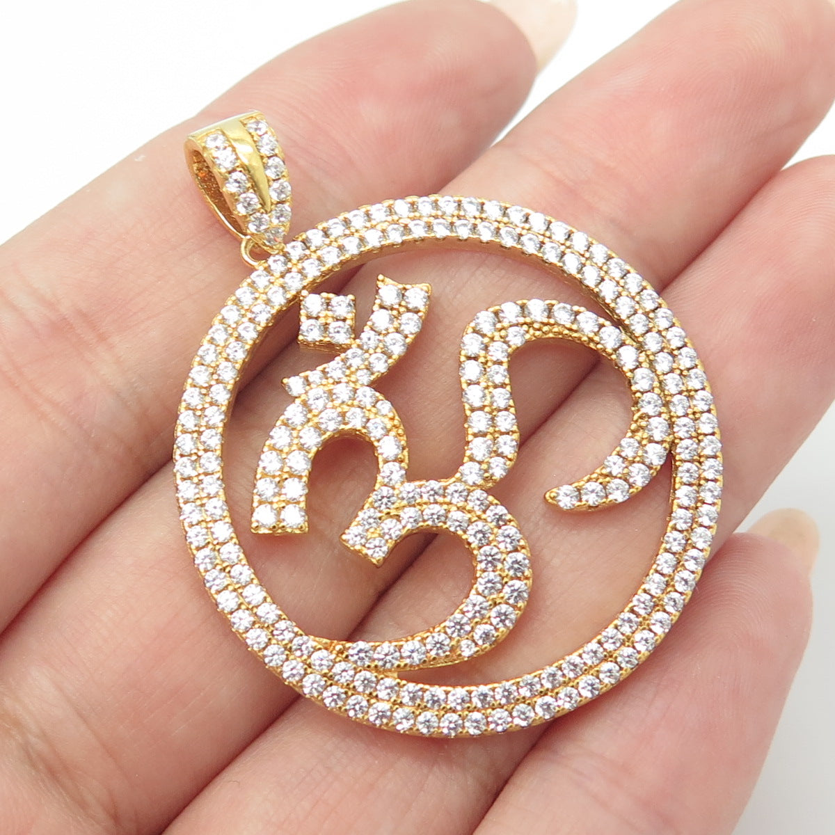 925 Sterling Silver Gold Plated Round-Cut C Z Om Mantra Pendant