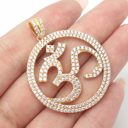 925 Sterling Silver Gold Plated Round-Cut C Z Om Mantra Pendant