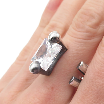 950 Silver Vintage Princess-Cut C Z Modernist Oxidized Adjustable Ring Size 8