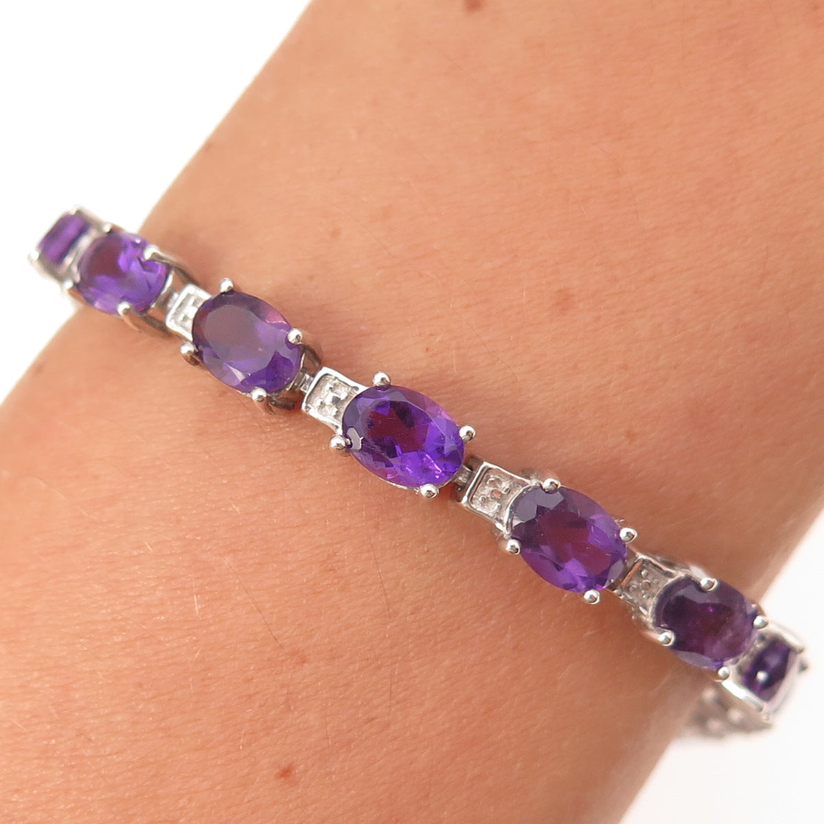 Chuck Clemency 925 Sterling Silver Real Oval-Cut Amethyst Bracelet 7.75"