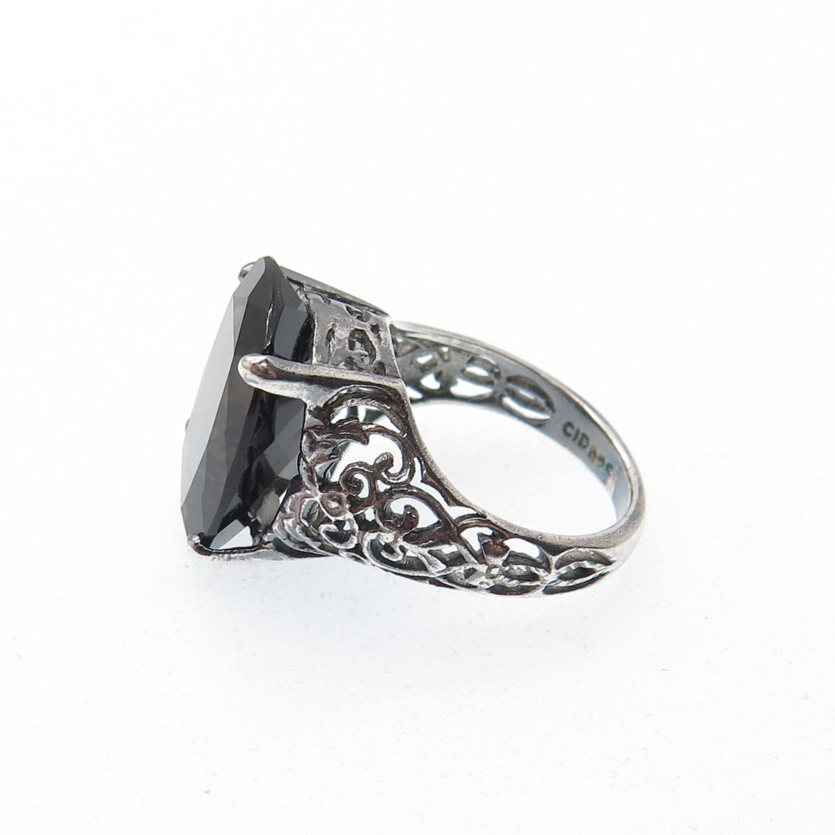 CLYDE DUNEIER CID Sterling Silver Vintage Smoky Quartz Oxidized Ring Size 4.75