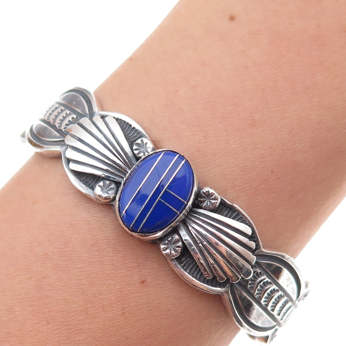 Old Pawn 925 Sterling Silver Vintage Southwestern Lapis Adjustable Bracelet 6"