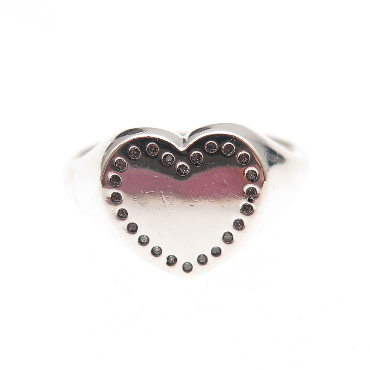 Pandora 925 Sterling Silver Round-Cut C Z Heart Signet Ring Size 7